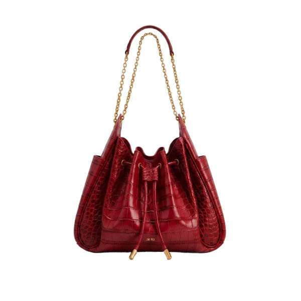 JW PEI Rowan Ruched Drawstring Chain Bucket Bag in Dark Red Croc