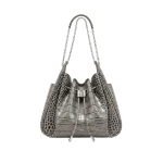 JW PEI Rowan Ruched Drawstring Chain Bucket Bag in Grey Croc | Bucket Bags | Luxury Shoes JW PEI Rowan Ruched Drawstring Chain Bucket Bag in Grey Croc