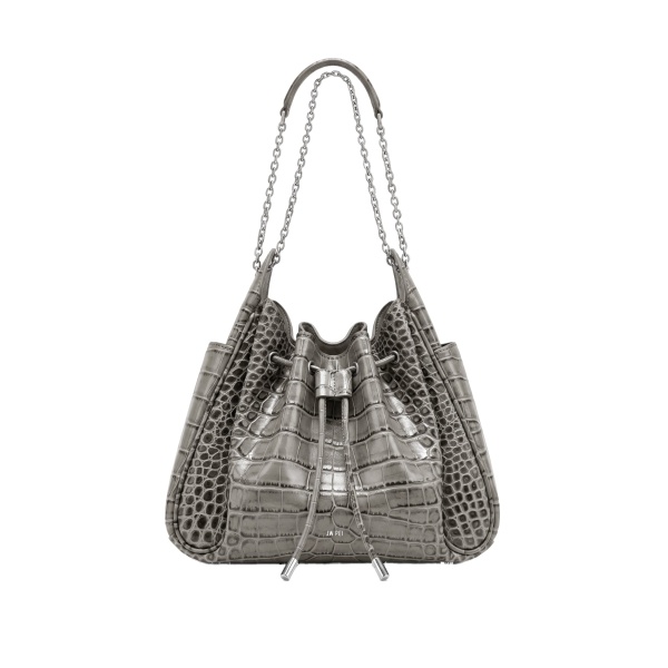 JW PEI Rowan Ruched Drawstring Chain Bucket Bag in Grey Croc