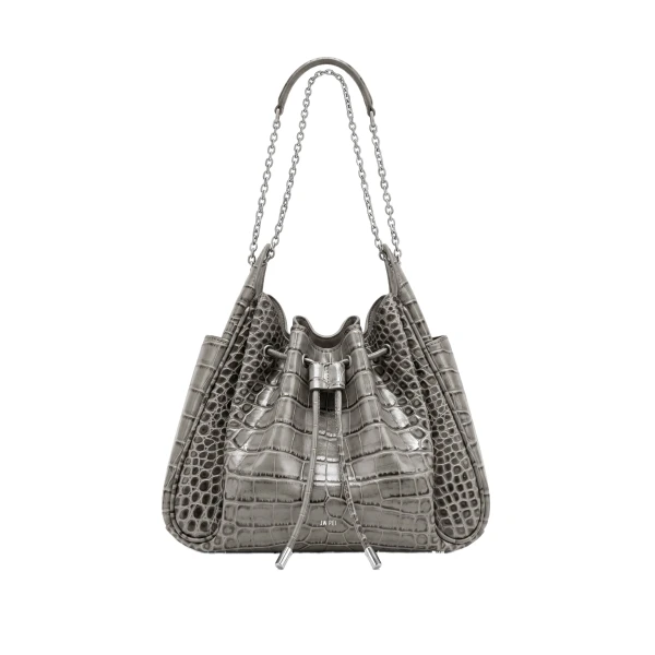 JW PEI Rowan Ruched Drawstring Chain Bucket Bag in Grey Croc