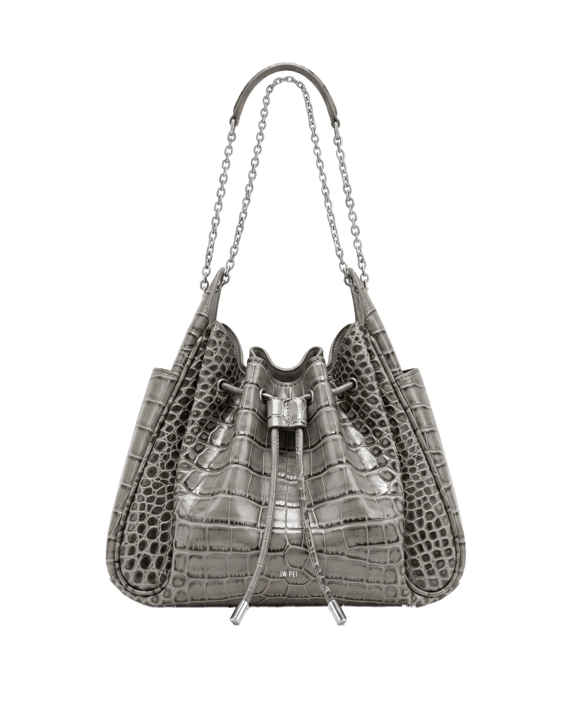 JW PEI Rowan Ruched Drawstring Chain Bucket Bag in Grey Croc | Bucket Bags | Luxury Shoes JW PEI Rowan Ruched Drawstring Chain Bucket Bag in Grey Croc