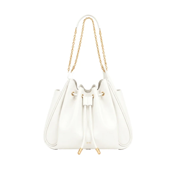 JW PEI Rowan Ruched Drawstring Chain Bucket Bag in Ivory