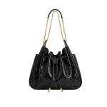 JW PEI Rowan Ruched Drawstring Chain Bucket Bag in Jet Black