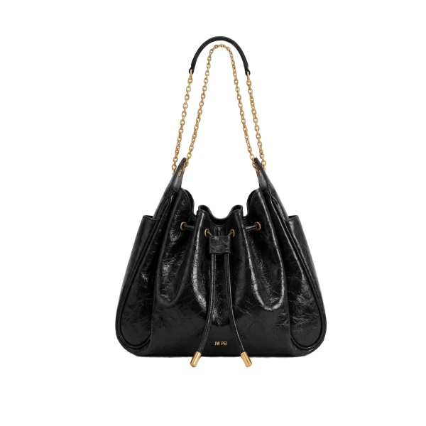 JW PEI Rowan Ruched Drawstring Chain Bucket Bag in Jet Black