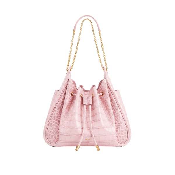 JW PEI Rowan Ruched Drawstring Chain Bucket Bag in Pink Croc