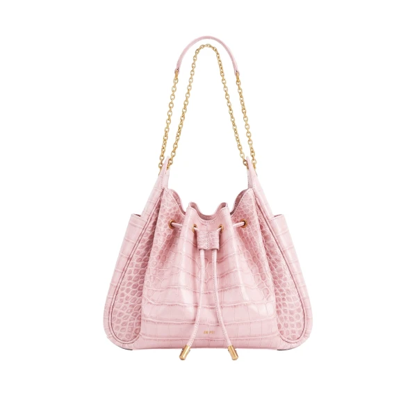 JW PEI Rowan Ruched Drawstring Chain Bucket Bag in Pink Croc