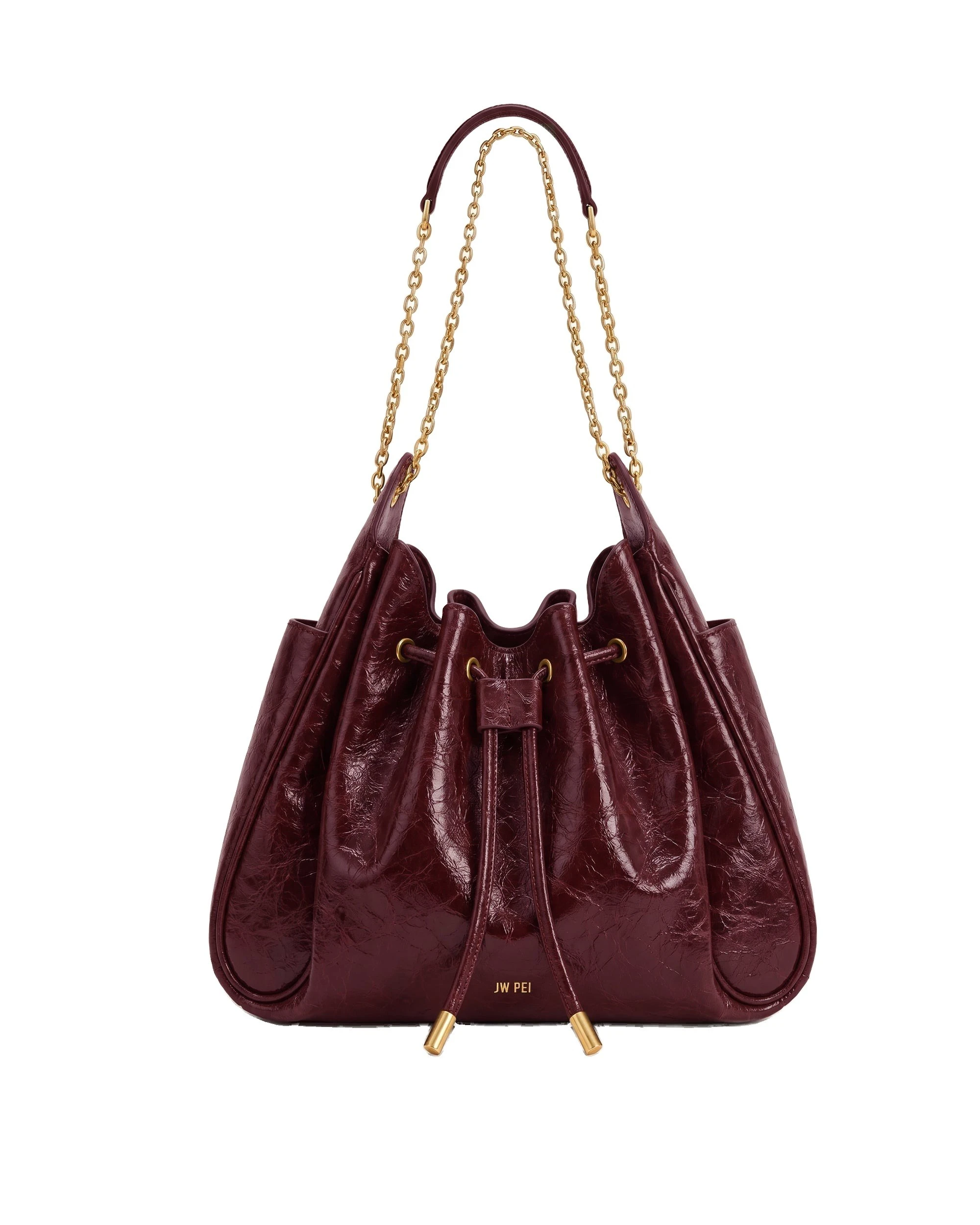 JW PEI Rowan Ruched Drawstring Chain Bucket Bag in Vermilion Red | Bucket Bags | Luxury Shoes JW PEI Rowan Ruched Drawstring Chain Bucket Bag in Vermilion Red