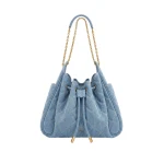 JW PEI Rowan Ruched Quilting Drawstring Chain Bucket Bag in Blue Denim