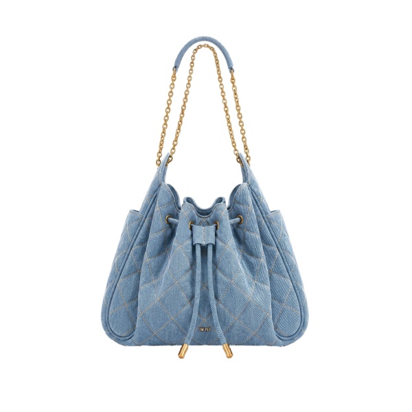 JW PEI Rowan Ruched Quilting Drawstring Chain Bucket Bag in Blue Denim