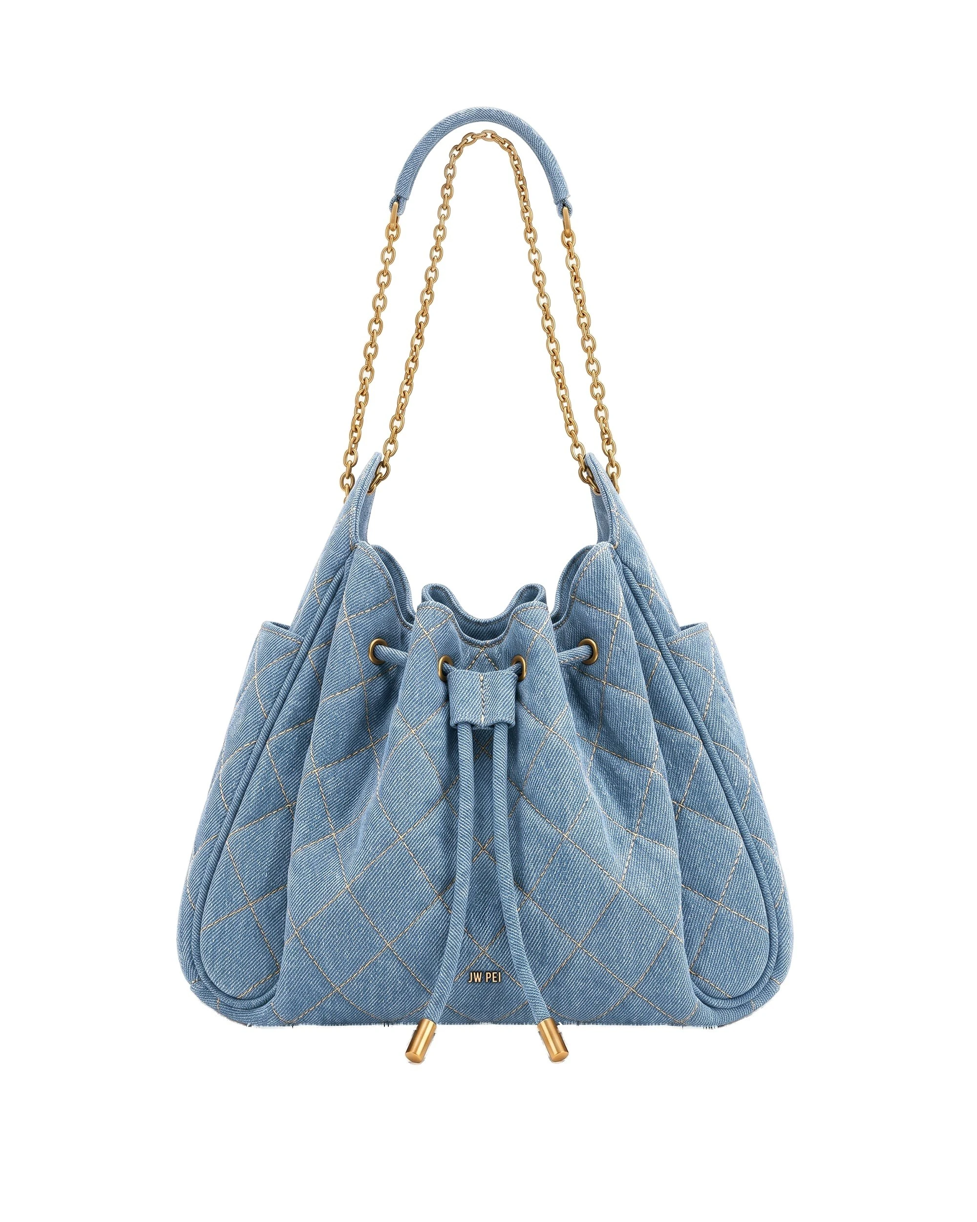 JW PEI Rowan Ruched Quilting Drawstring Chain Bucket Bag in Blue Denim | Bucket Bags | Luxury Shoes JW PEI Rowan Ruched Quilting Drawstring Chain Bucket Bag in Blue Denim