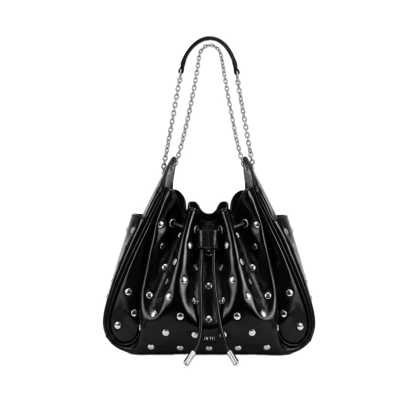 JW PEI Rowan Studded Ruched Drawstring Chain Bucket Bag in Shiny Black