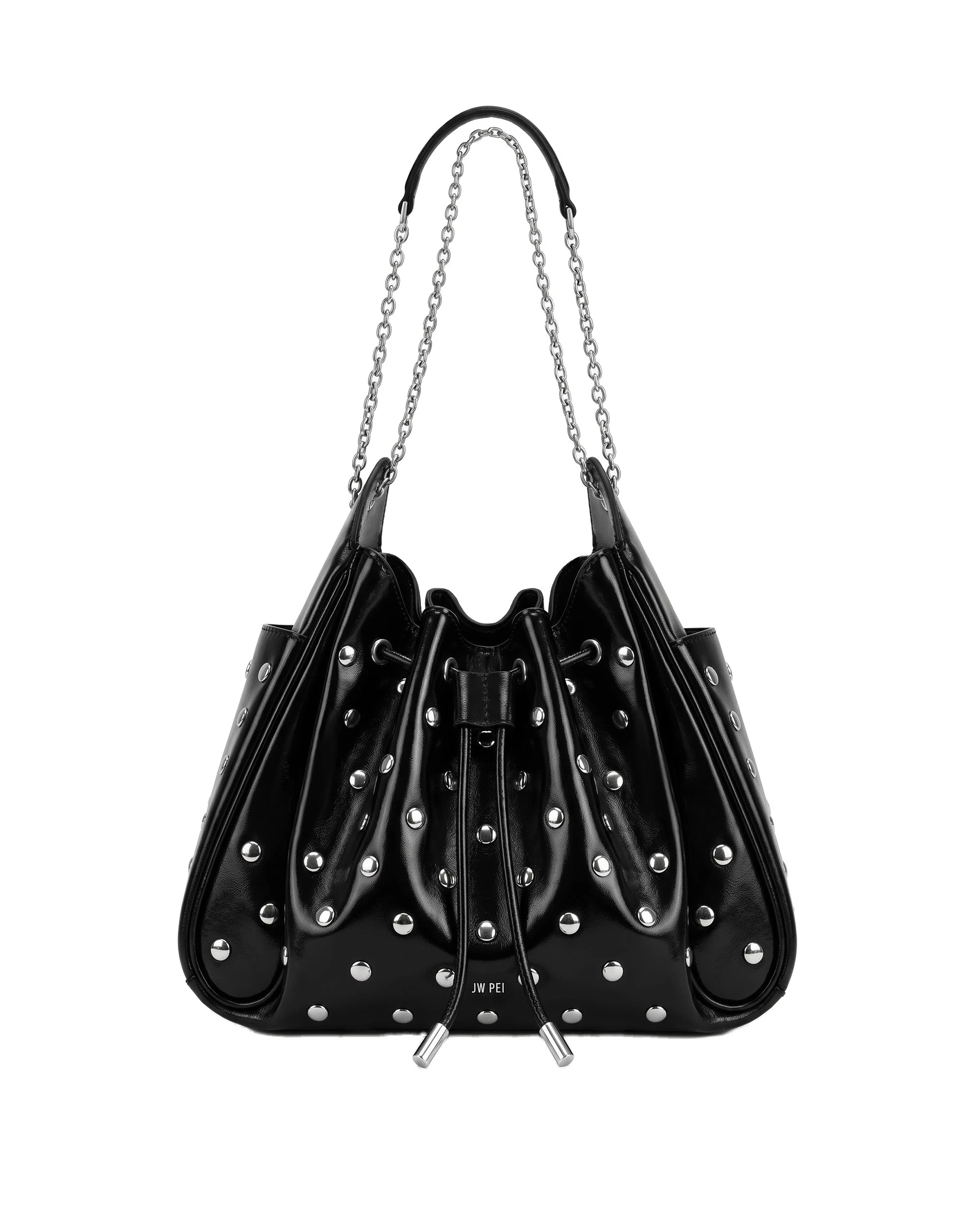 JW PEI Rowan Studded Ruched Drawstring Chain Bucket Bag in Shiny Black | Bucket Bags | Luxury Shoes JW PEI Rowan Studded Ruched Drawstring Chain Bucket Bag in Shiny Black