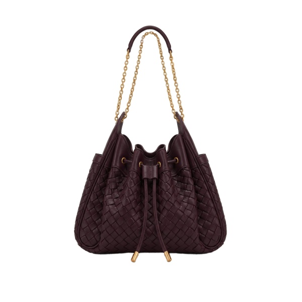 JW PEI Rowan Weaving Ruched Drawstring Chain Bucket Bag in Dark Cherry