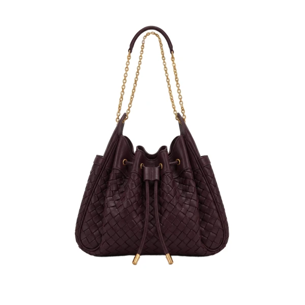 JW PEI Rowan Weaving Ruched Drawstring Chain Bucket Bag in Dark Cherry