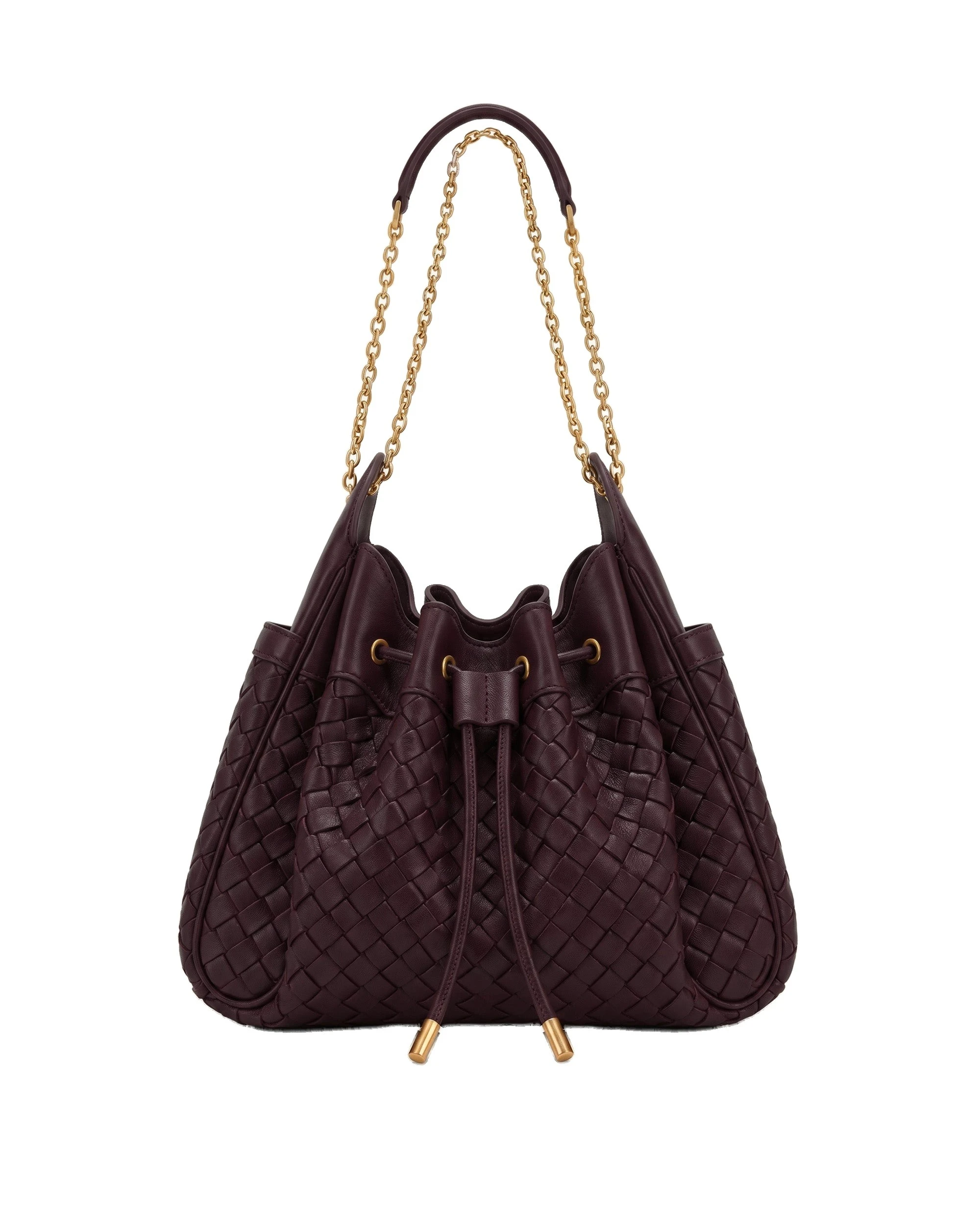 JW PEI Rowan Weaving Ruched Drawstring Chain Bucket Bag in Dark Cherry | Bucket Bags | Luxury Shoes JW PEI Rowan Weaving Ruched Drawstring Chain Bucket Bag in Dark Cherry