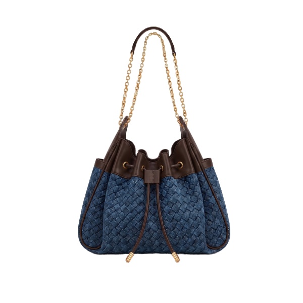 JW PEI Rowan Weaving Ruched Drawstring Chain Bucket Bag in Sea Blue Denim