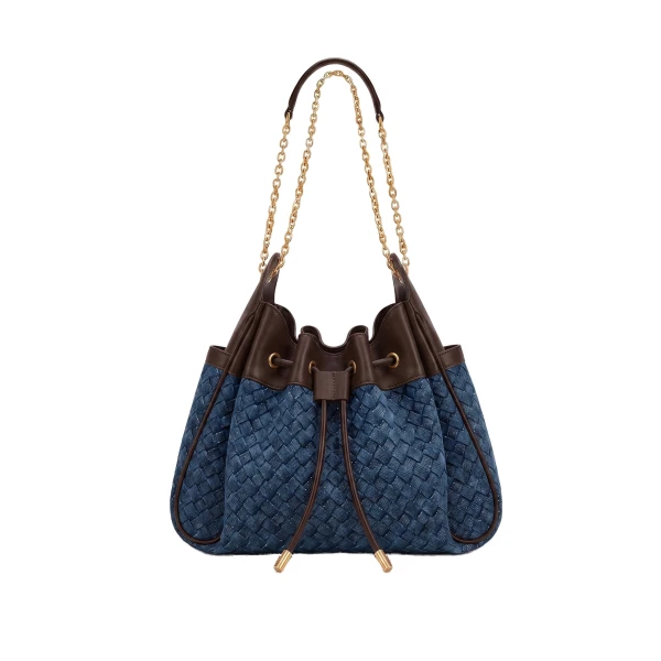 JW PEI Rowan Weaving Ruched Drawstring Chain Bucket Bag in Sea Blue Denim