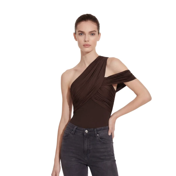 Ruched Asymmetric One-Shoulder Top in Brown