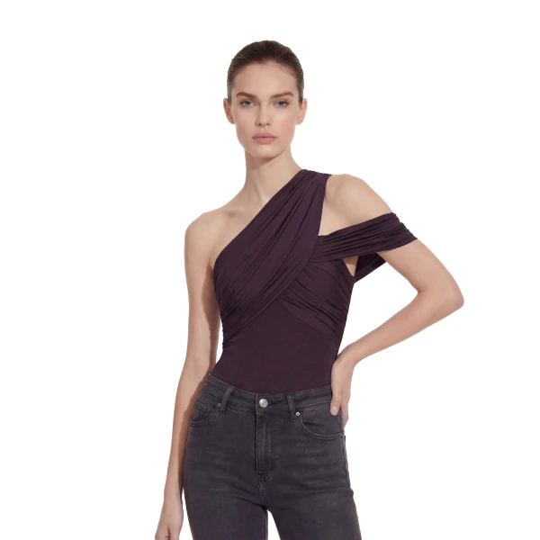 Ruched Asymmetric One-Shoulder Top in Burgundy