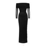 JW PEI Ruched Off-Shoulder Mesh-Sleeve Mermaid Maxi Dress