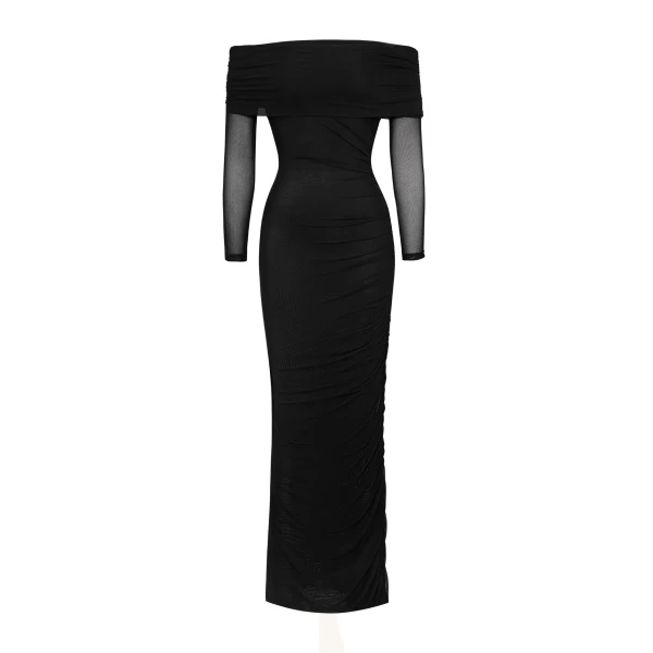 JW PEI Ruched Off-Shoulder Mesh-Sleeve Mermaid Maxi Dress