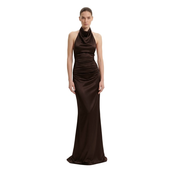 JW PEI Satin Cowl Neck Ruched Maxi Gown