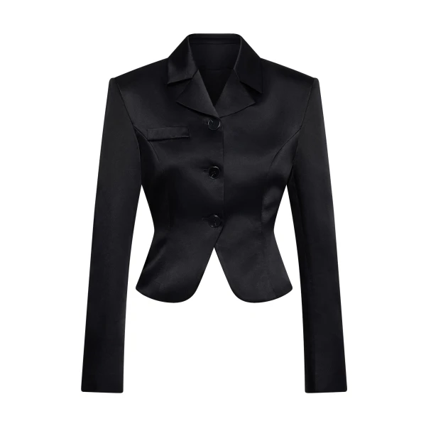 Satin Sculpted Waist Cropped Blazer in Black