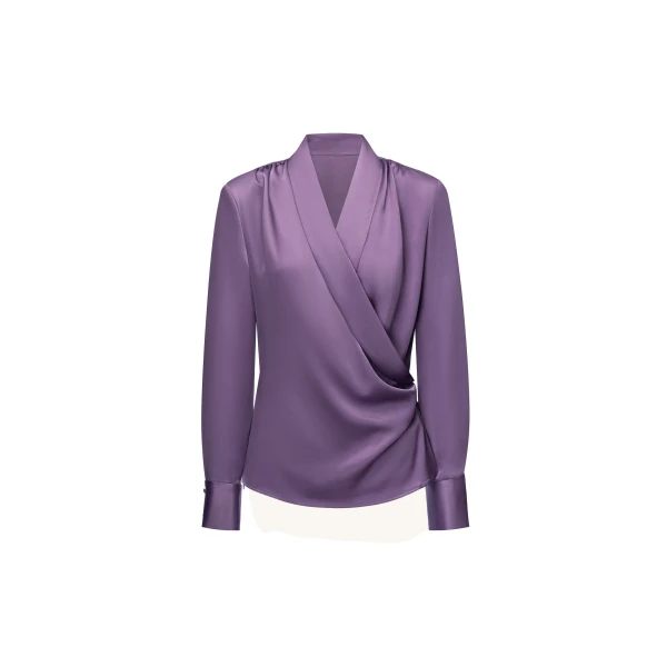 Satin Wrap V Neck Long Sleeve Blouse in Dusty Mauve