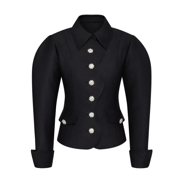 Scalloped Placket Leg of Mutton Blazer in Black
