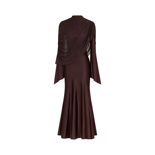JW PEI Sheer Shawl Ruched Bodycon Maxi Gown
