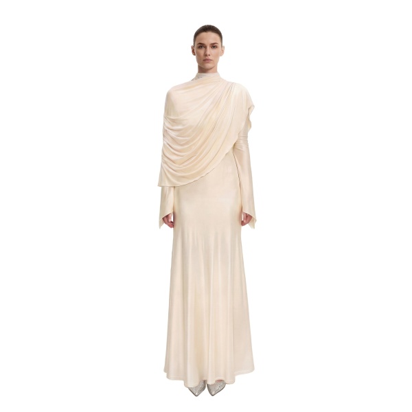 JW PEI Sheer Shawl Ruched Bodycon Maxi Gown