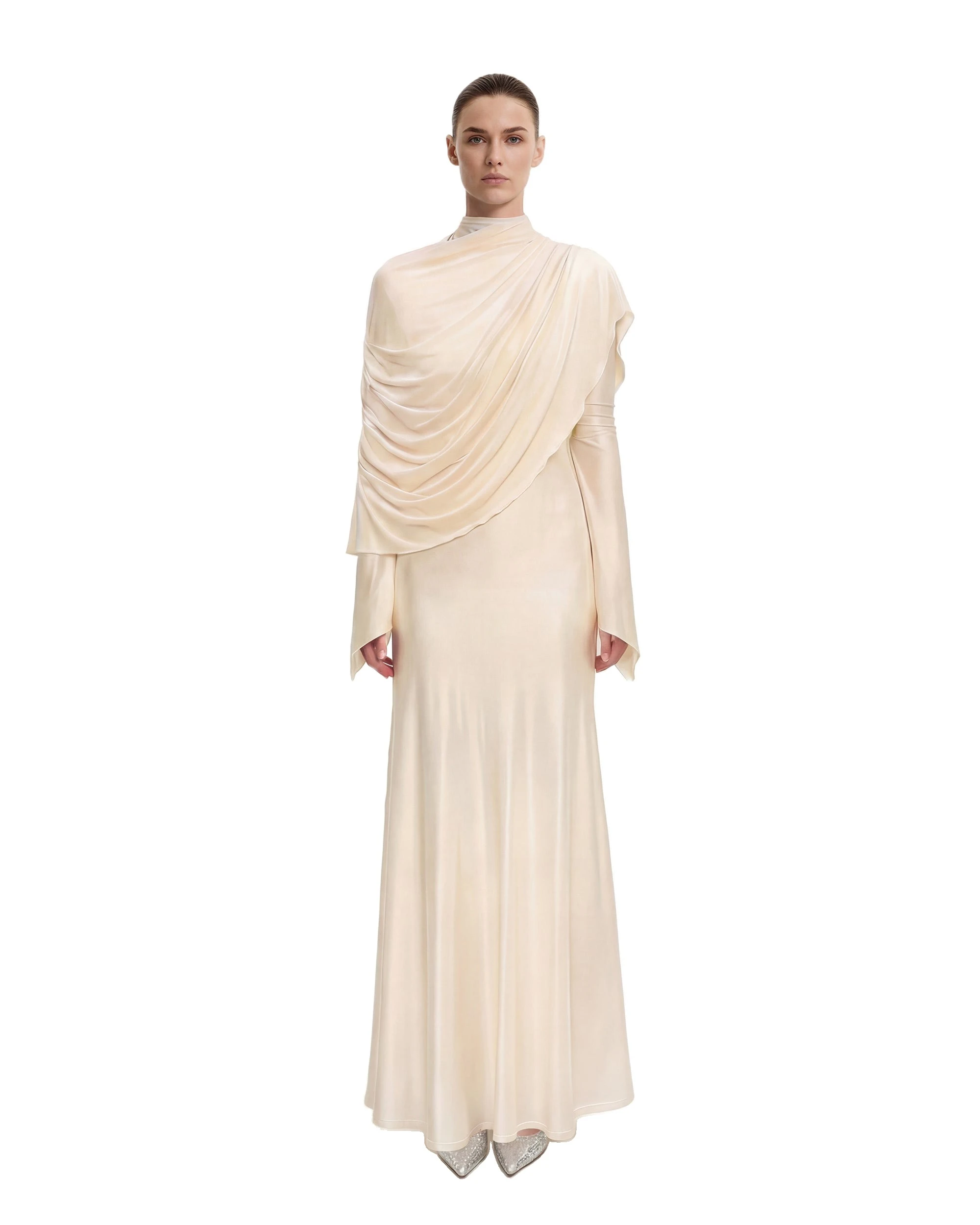 JW PEI gown | Los Angeles Vegan Fashion Dresses | Luxury Shoes JW PEI Sheer Shawl Ruched Bodycon Maxi Gown