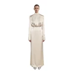 JW PEI Structured Shoulder Design Satin High-Neck Fitted Maxi Dress