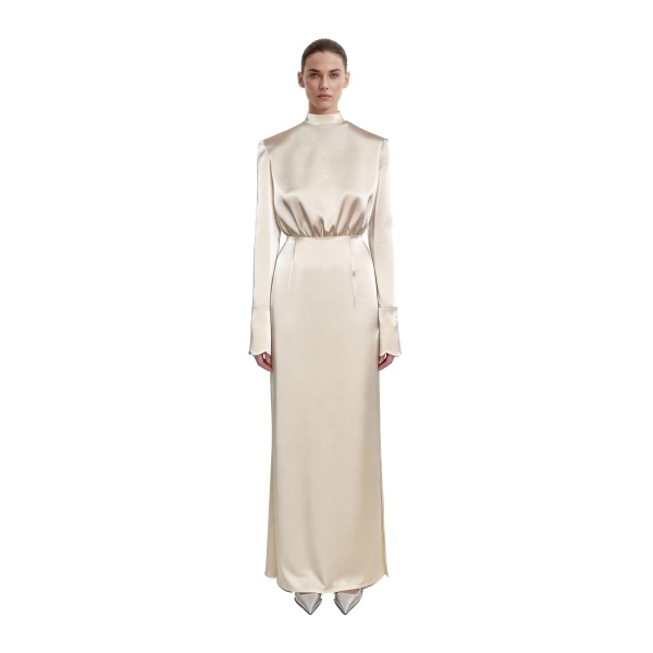 JW PEI Structured Shoulder Design Satin High-Neck Fitted Maxi Dress