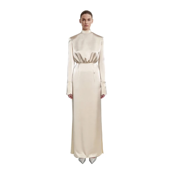 JW PEI Structured Shoulder Design Satin High-Neck Fitted Maxi Dress