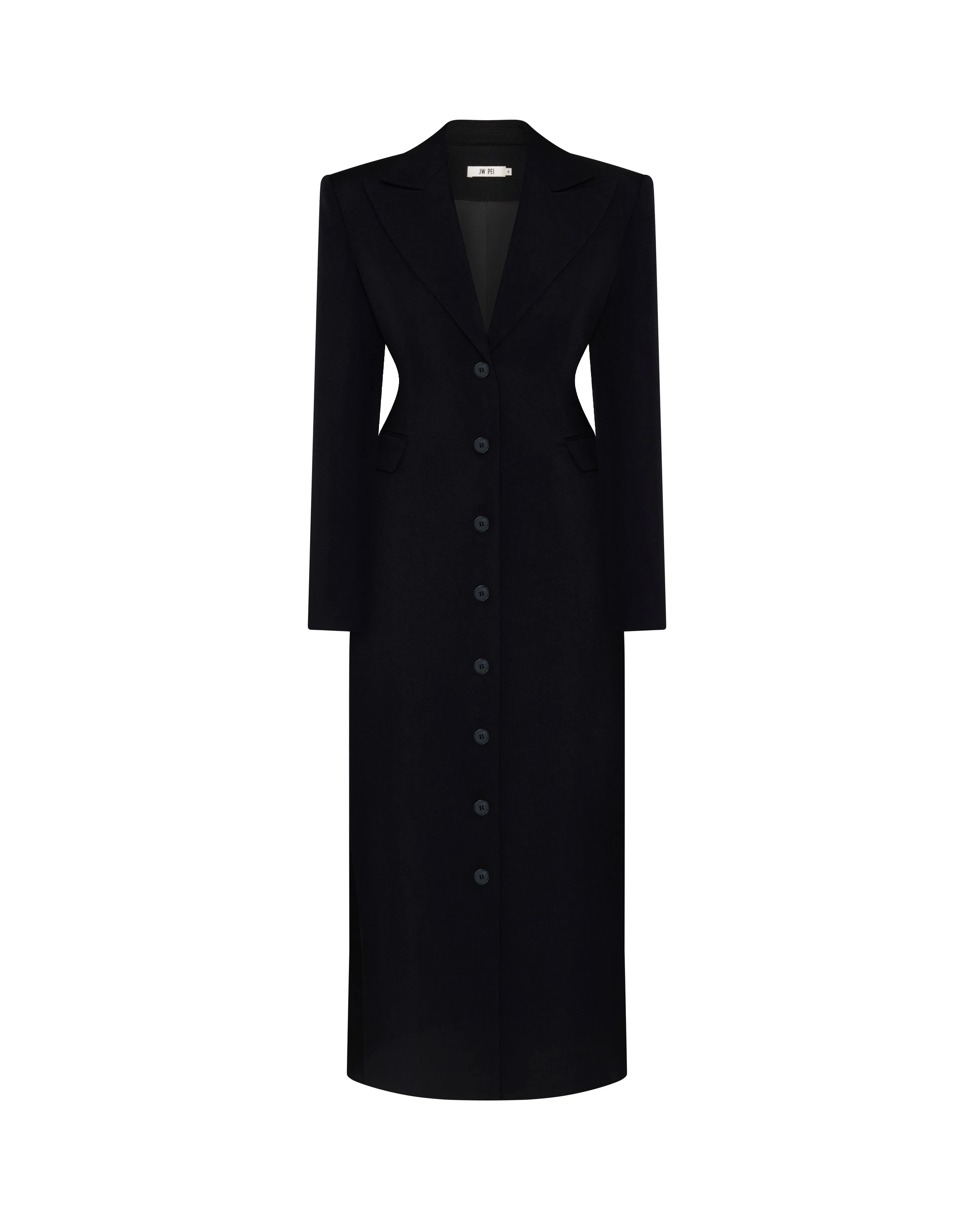 JW PEI coat | Los Angeles Vegan Fashion Coats | Luxury Shoes JW PEI Structured Shoulder Fitted Lapel Maxi Coat