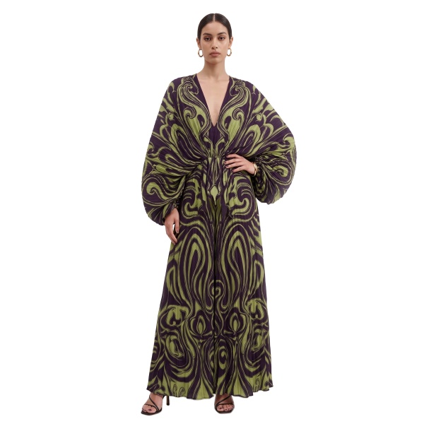JW PEI Swirl Print Batwing Sleeve Plunge Maxi Dress