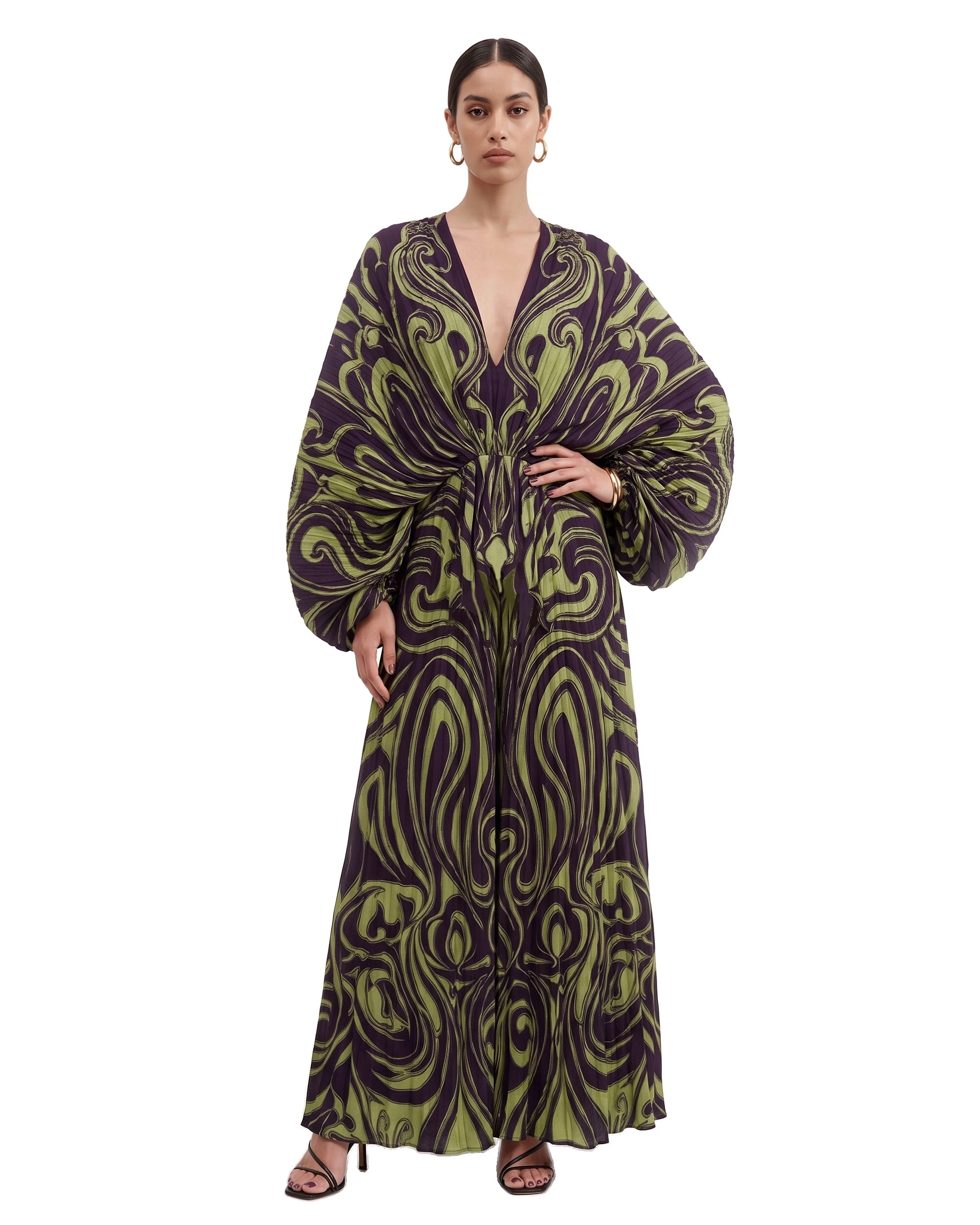 JW PEI maxi dress | Los Angeles Vegan Fashion Dresses | Luxury Shoes JW PEI Swirl Print Batwing Sleeve Plunge Maxi Dress