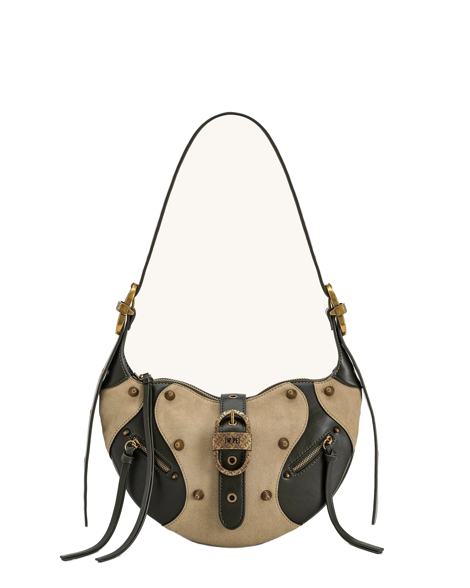 JW PEI Tessa Faux Suede Studded Shoulder Bag in Khaki Green | Shoulder & Crossbody Bags | Luxury Shoes JW PEI Tessa Faux Suede Studded Shoulder Bag in Khaki Green