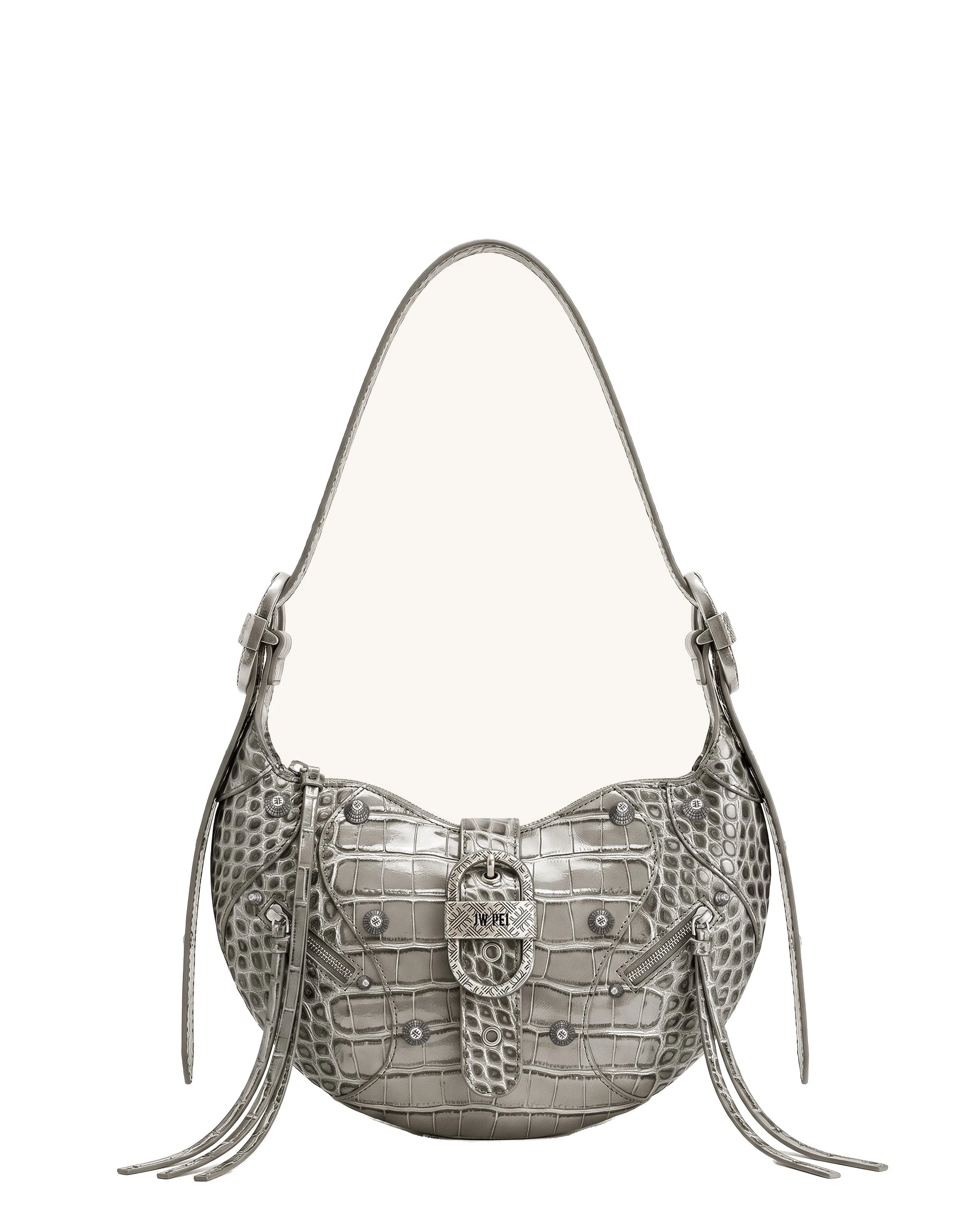 JW PEI Tessa Studded Shoulder Bag in Cement Grey Croc | Shoulder & Crossbody Bags | Luxury Shoes JW PEI Tessa Studded Shoulder Bag in Cement Grey Croc