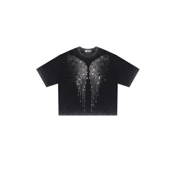 The Angelic Dripping Crystal Wings Tee in Black