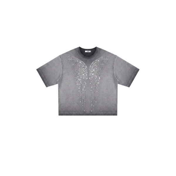 The Angelic Dripping Crystal Wings Tee in Washed Grey
