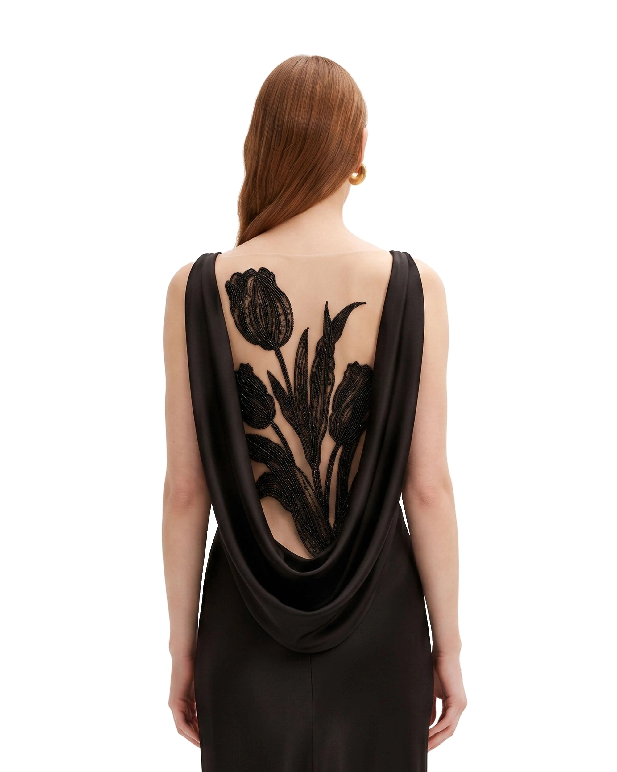 JW PEI maxi dress | Los Angeles Vegan Fashion Dresses | Luxury Shoes JW PEI Tulip Appliqué Cowl-Back Satin Column Maxi Dress