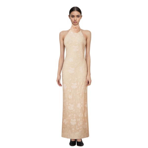 JW PEI Uliana Pink Beige Floral Lace Halterneck Maxi Dress