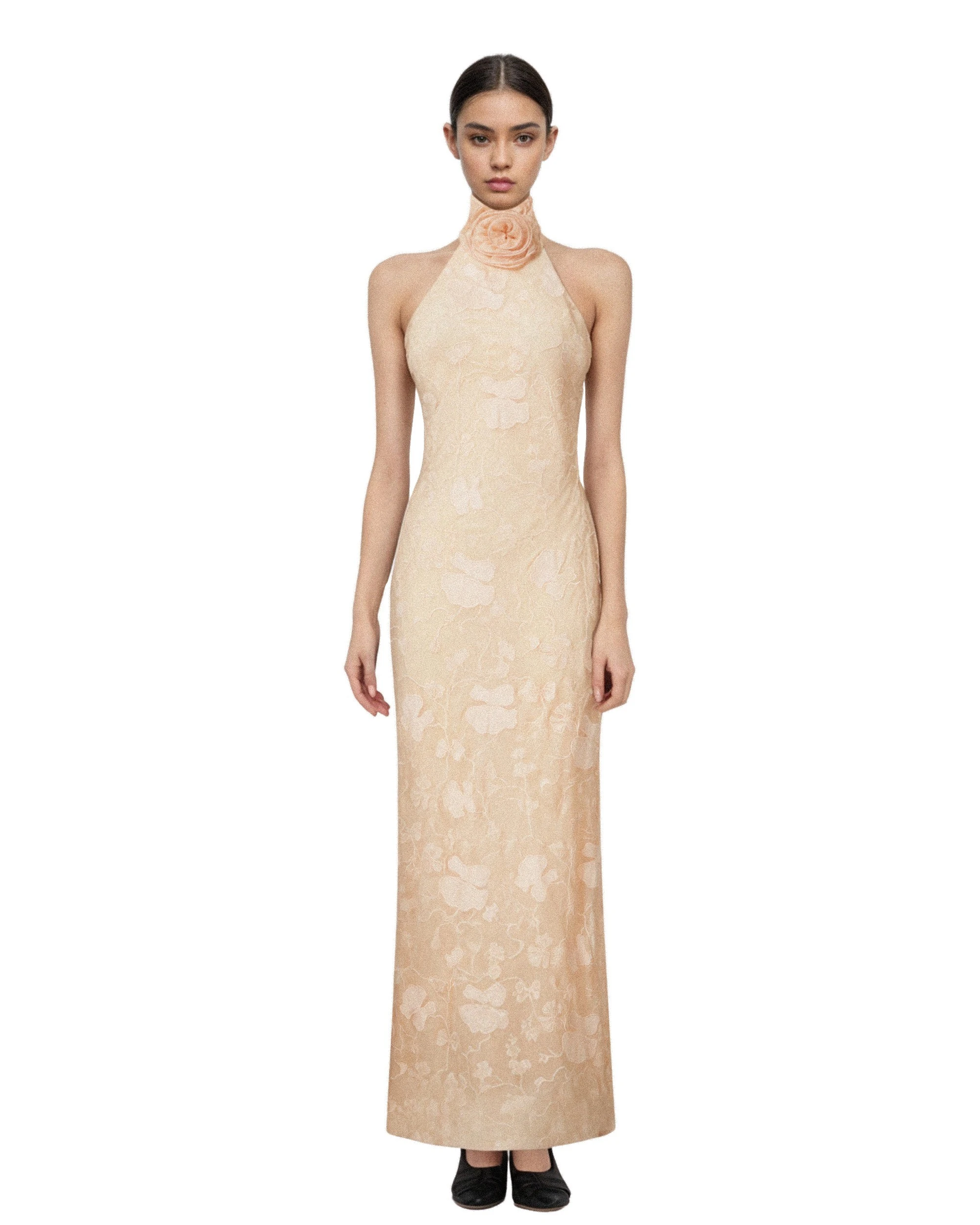 JW PEI maxi dress | Los Angeles Vegan Fashion Dresses | Luxury Shoes JW PEI Uliana Pink Beige Floral Lace Halterneck Maxi Dress