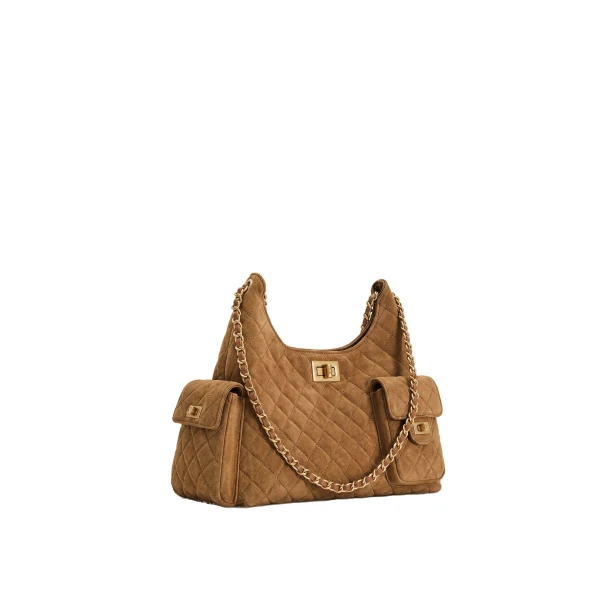JW PEI Vivian Faux Suede Quilted Chain Shoulder Bag in Caramel Brown