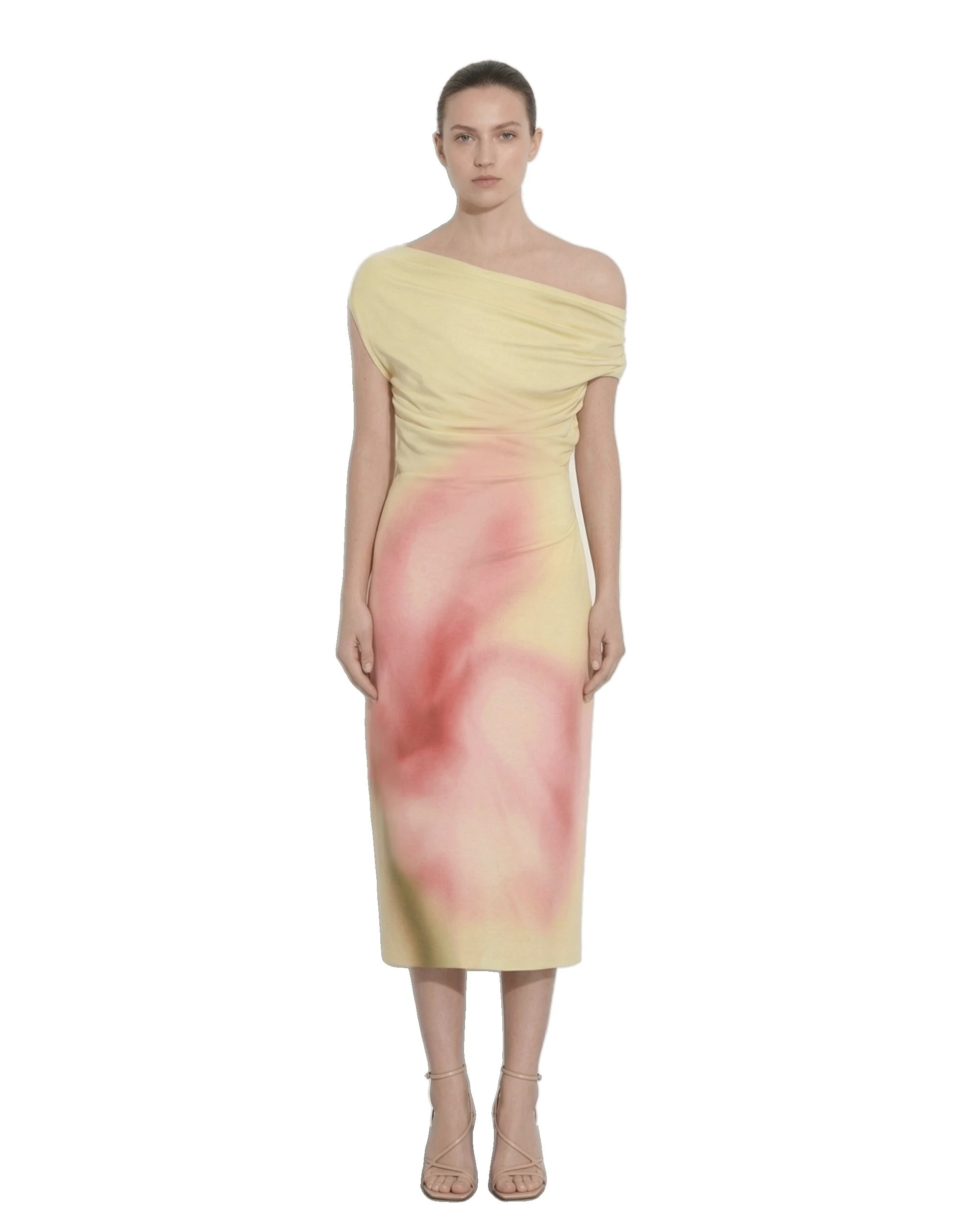 JW PEI midi dress | Los Angeles Vegan Fashion Dresses | Luxury Shoes JW PEI Watercolor Floral Print One-Shoulder Asymmetric Midi Dress
