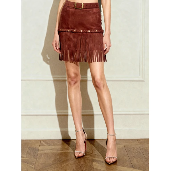 Western-Style Sueded Fringe Skirt in Burgundy