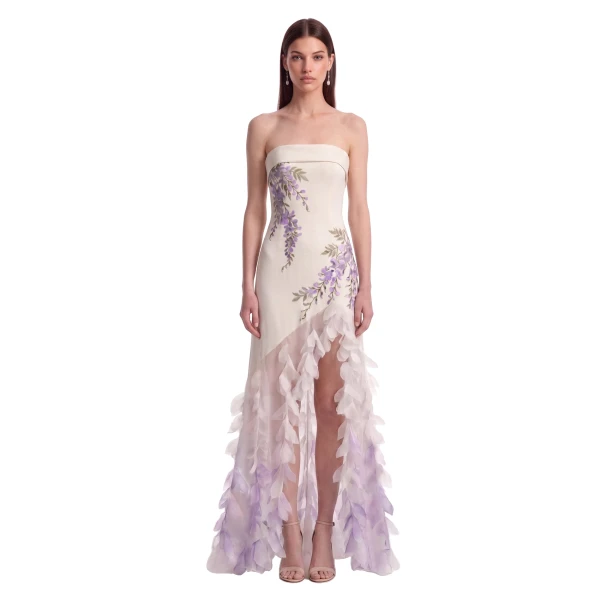 Wisteria Petal Cascade High-Low Dress in Ivory