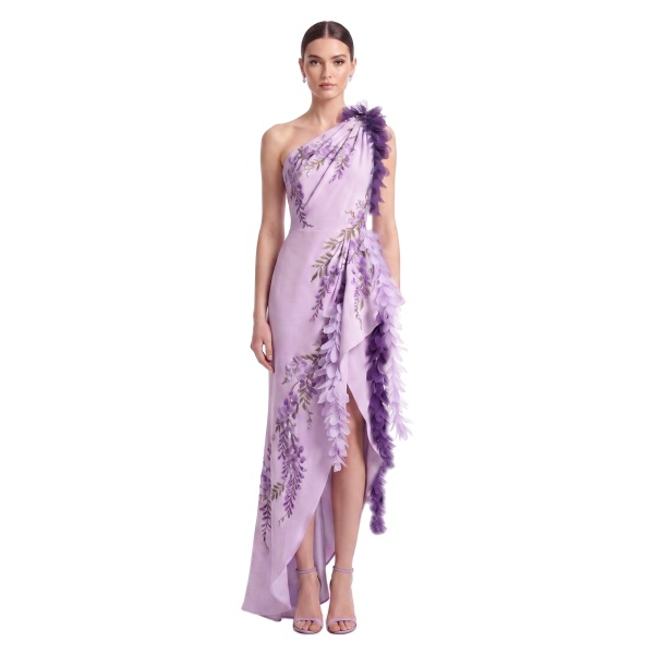JW PEI Wisteria Petal Cascade One-Shoulder Maxi Dress